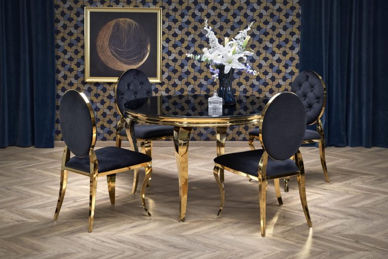 REGINALD_2 stół okrągły blat - szkło czarny, nogi - złoty (2p=1szt)