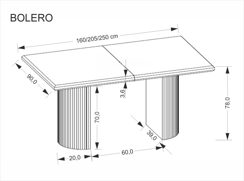 BOLERO stół rozkładany 160-250x90x78 cm dąb naturalny/czarny (3p=1szt)